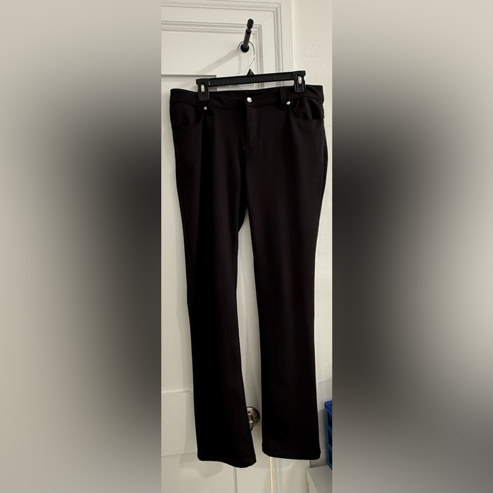 Bogari black stretchy straight leg pants w/ clear fake gem accents